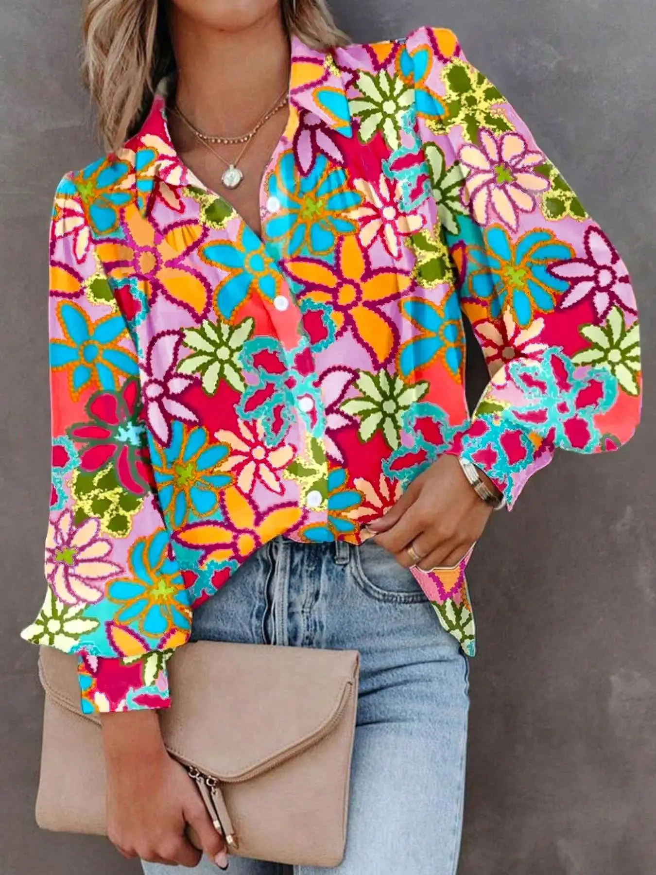 Plus Size Floral Print Button Front Long Sleeve Blouse, Lady Casual Comfort Bishop Sleeve Collared Shirts Top for Summer, Womenswear, Women's Clothes for Daily Wear