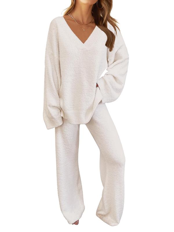 TikTok Shop MEROKEETY Women s 2 Piece Outfits Fuzzy Fleece Pajama Set Long Sleeve Top Wide Leg Pants Loungewear Musthaves Pinkaesthetic Shoppingaddict Tiktokshopvalentinesday