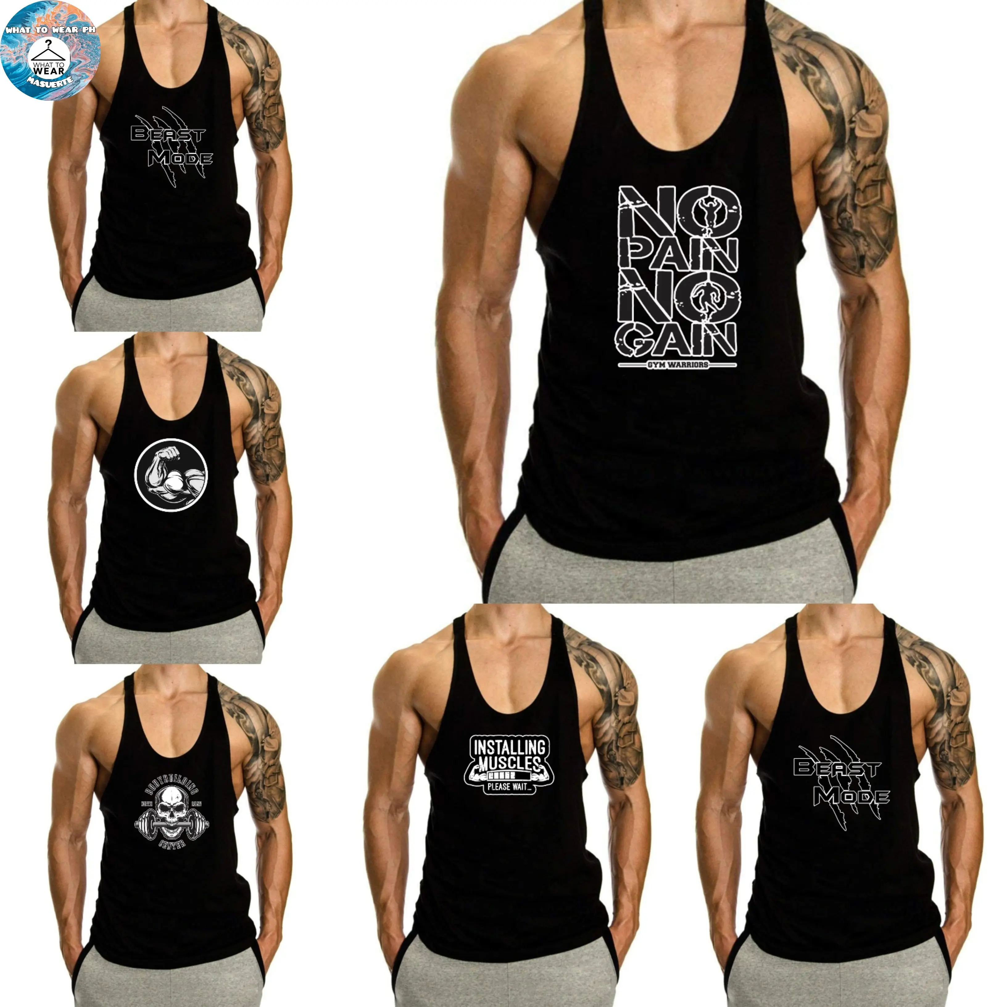BLACK MENS GYM WORKOUT RACERBACK (COMFYYY with PRINTS) Cotton Spandex - Affordable