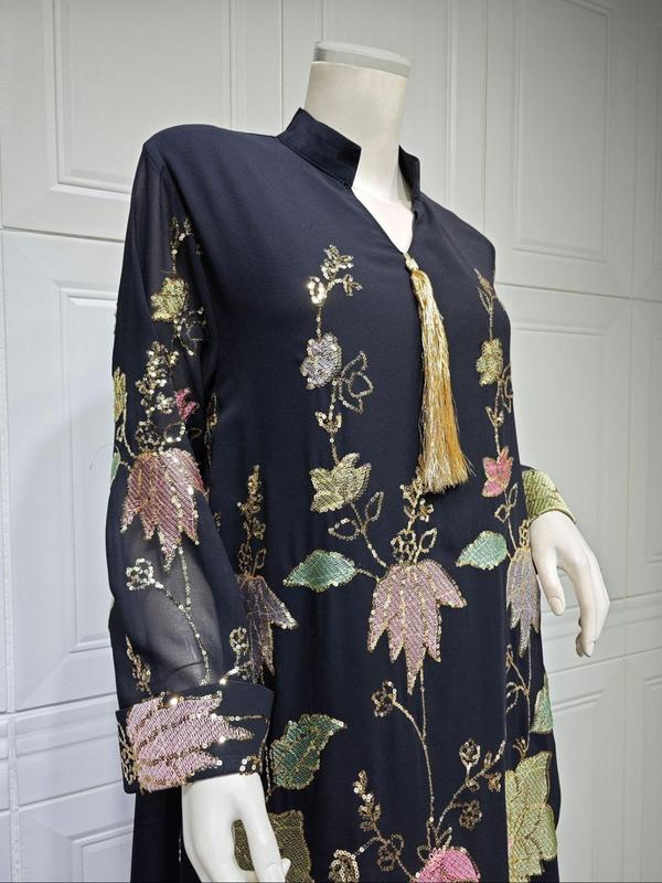 Arabic Clothing-Floral Contrast Sequin Fringe decor Notched Dress, Elegant Long Sleeve Arabian Dress for Women, Muslim Fashion for Party Holiday Vacation 4