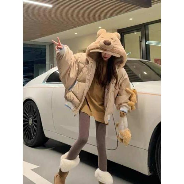  Áo áo phao Có Mũ Trùm Đầu Dễ Thương Hình Gấu Có Thể Tháo Rời Thiết Kế Độc Đáo Dành Cho Nữ Áo Khoác Tai Thỏ Ba Chiều Dày Màu Trắng Áo Hoodie Gấu Women Top Nhung Tay Loe Jean 