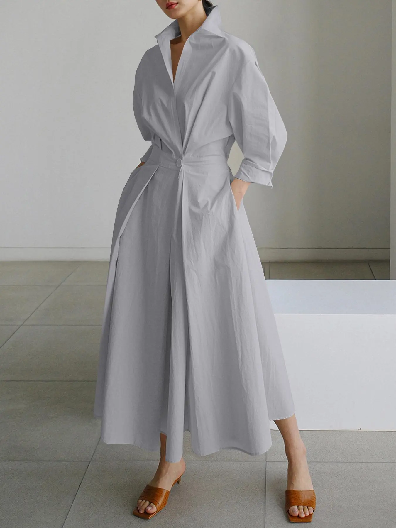 Women's Solid Button Pocket Shirt Dress, Casual Long Sleeve Collared Long Dress for Daily Wear, Ladies Clothes for All Seasons