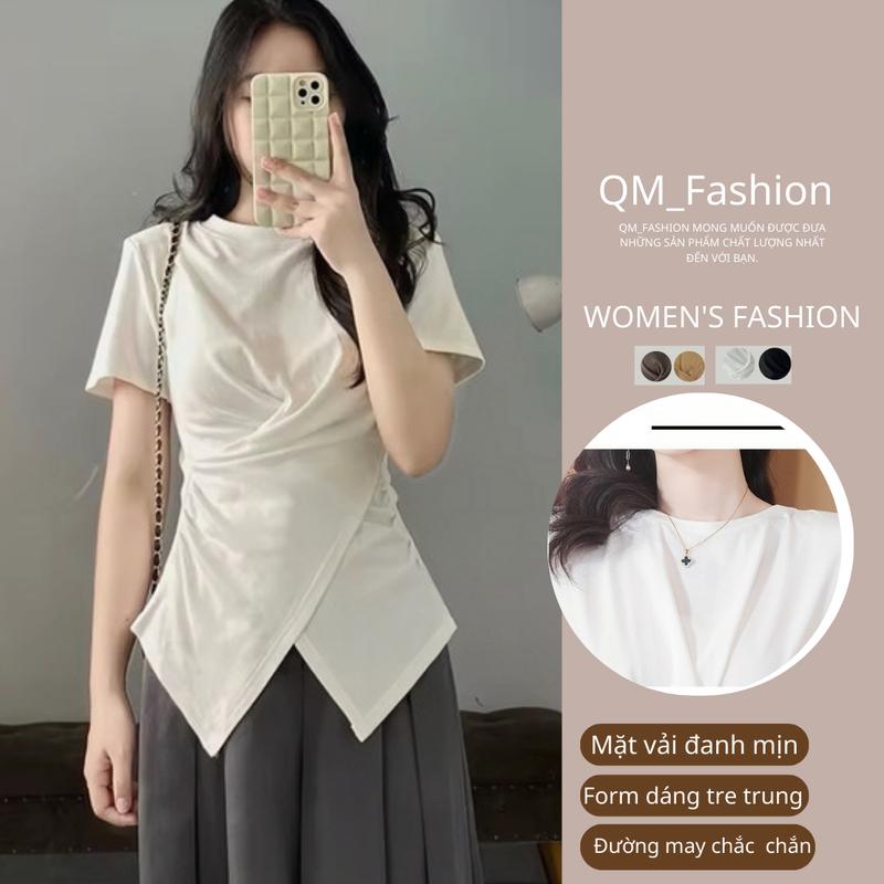 [Xả Kho] Áo Thun Nữ Xoắn Eo Vạt Chéo Thiết Kế Cổ Tròn BigSize Hàn Quốc, Áo Cộc Tay Chất Thun Cotton Co Giãn 4 Loại1 Top Women Đen
