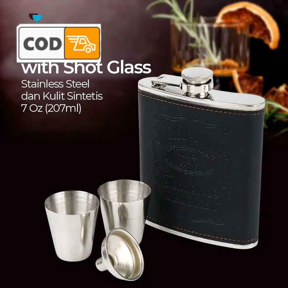 Botol Minuman Stainless Steel 7Oz Hip Flask Unik Leather dengan Shot Glass Model Retro Vintage Elegan Praktis untuk Travel