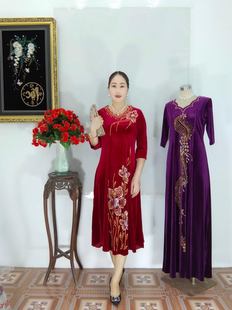 Product Introduction of ĐẦM NHUNG TRUNG NIÊN ĐÍNH ĐÁ KIM SA  #VH059 ,SANG CHẢNH QUÝ PHÁI TẶNG BÀ, TẶNG ME YÊU Nữ Women Dress Kim Tuyến Xanh Rêu 6