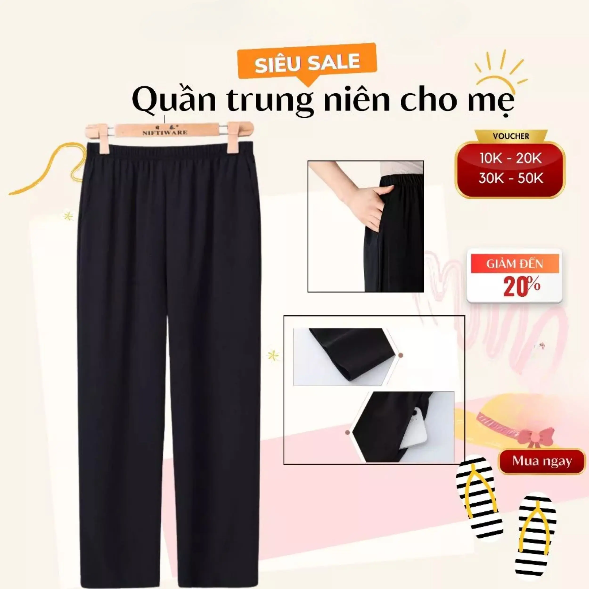 Quần đen cạp chun mặc mát cho bà cho mẹ Pants Nữ Women Có Túi