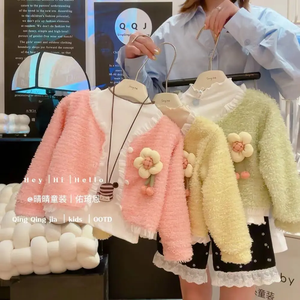 Áo Khoác Thời Trang Mùa Thu Cho Bé Gái, Phong Cách Cổ Điển, Màu Pastel, Áo Cardigan, Dễ Phối Đồ Cho Em Bé Phong Cách Hàn Quốc, Hàng Mới Về Năm 2024