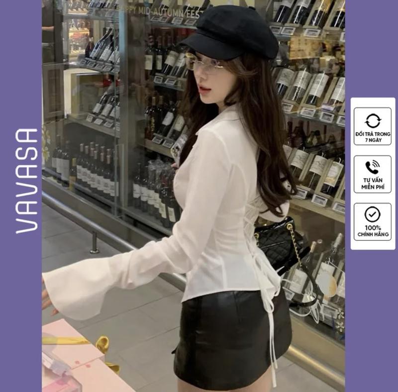 Sơ mi trắng ống tay loe thiết kế dây thắt eo siêu tôn dáng VAVASA SM98