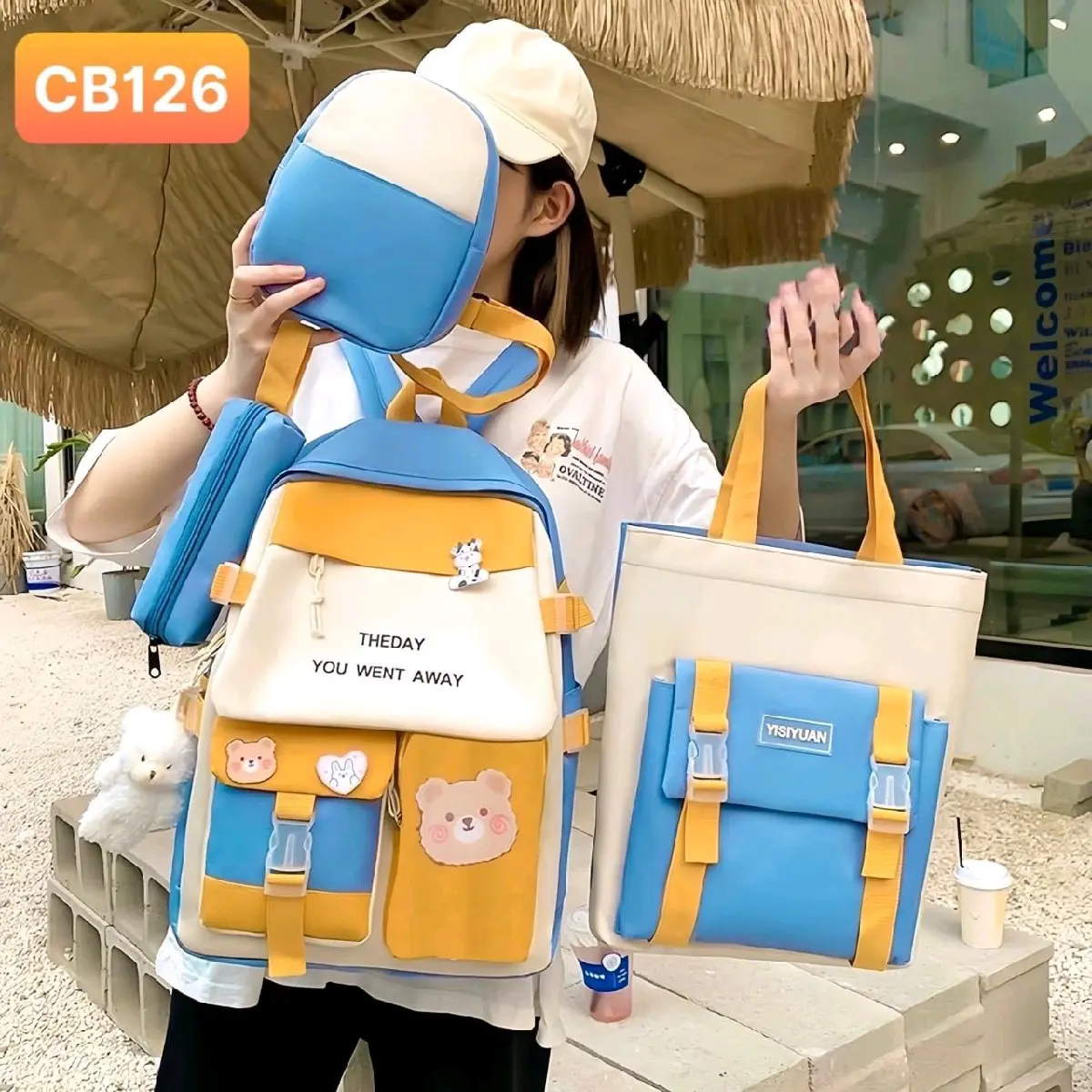 set 4 balo túi học sinh đi học vải bố chống nước: NEW CUTE 3