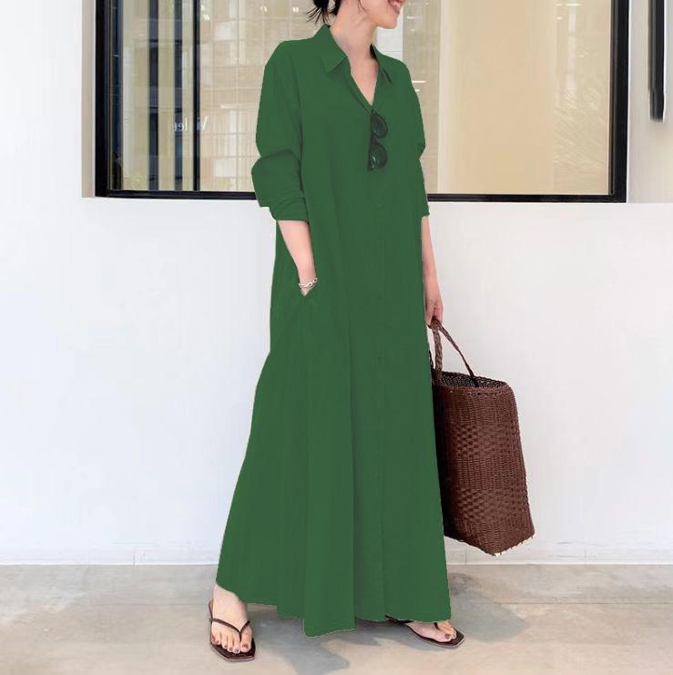 Product Introduction of Women European and American style cotton linen solid color lapel long sleeve insert bag simple loose casual long shirt dress 55