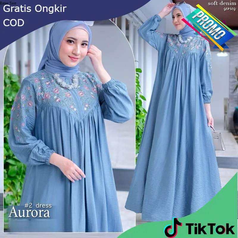 Spesial Bordir Aurora Dress Gamis Wanita Terbaru Bahan Crinkle Airlfow HQ Zipper Depan Busui