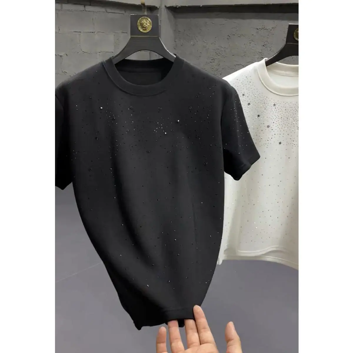 2025 Summer new fashion trendy half sleeve MEN'S round neck rhinestone xingx T-shirt all-matching casual short-sleepred top 2025 New