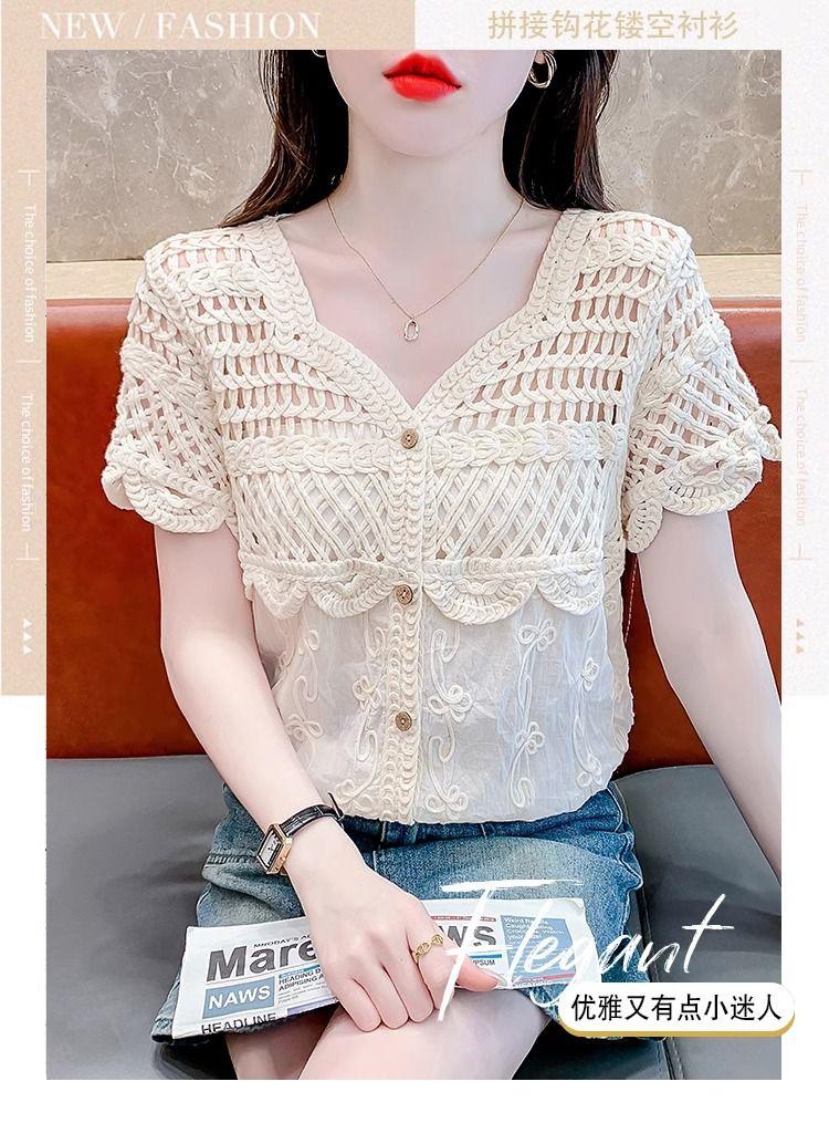 Product Introduction of Áo Cánh Ren khoét Cổ Chữ V, Thiết Kế Độc Đáo Dành Cho Nữ, Phong Cách Thanh Lịch, Trẻ Trung, Bó Sát, Áo ngắn Tay Bộ Sưu Tập Người, Mùa Hè 2024, Hàng Mới Về, [3311] 2