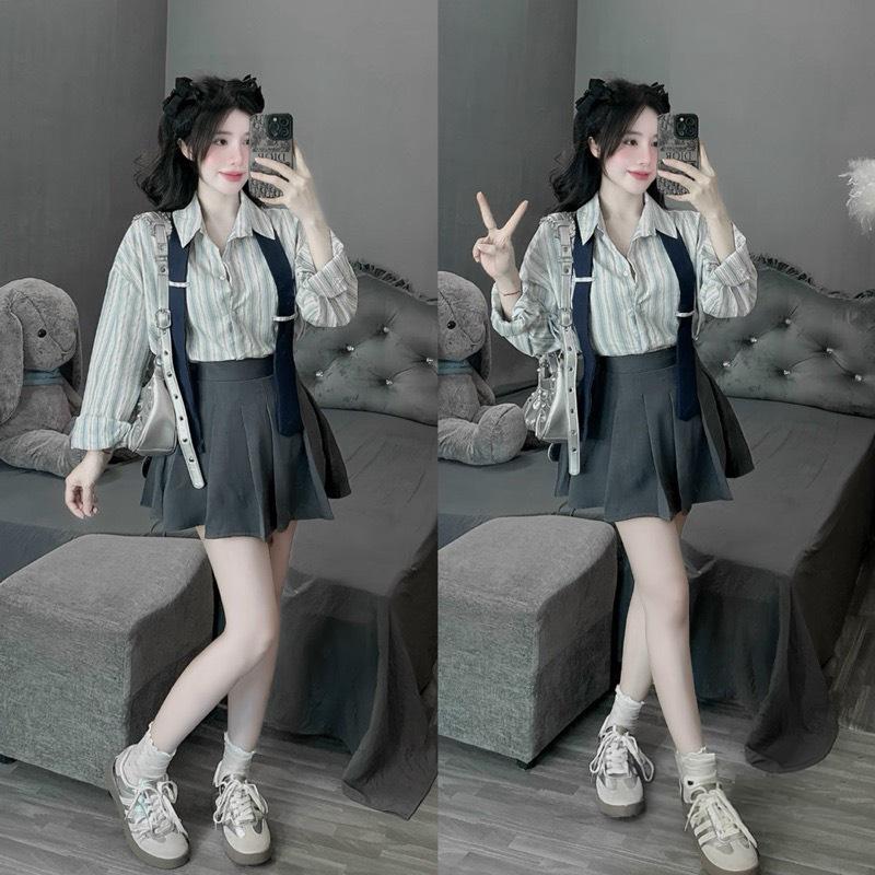 Set sơ mi kẻ dây vạt kết hợp chân váy xếp li ghi xám dáng ngắn dễ thương Áo Nữ Top Women