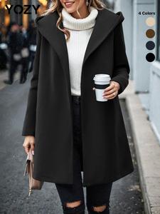 YOZY Women's Solid Belted Hooded Coat, Casual Long Sleeve Pocket Design Outwear for Fall & Winter, Women's Clothing for Daily Wear, Fall & Winter Outfits