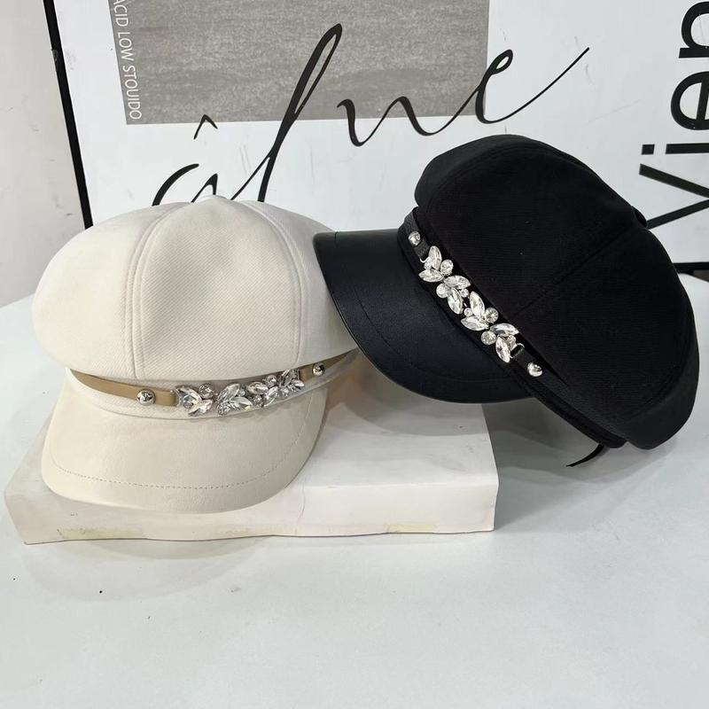 Mũ beret lưỡi trai gắn đá trắng lấp lánh chất vải nỉ dạ lưỡi trăi bằng chất liệu da cho nữ mùa thu đông Hat Nón Voi Cap