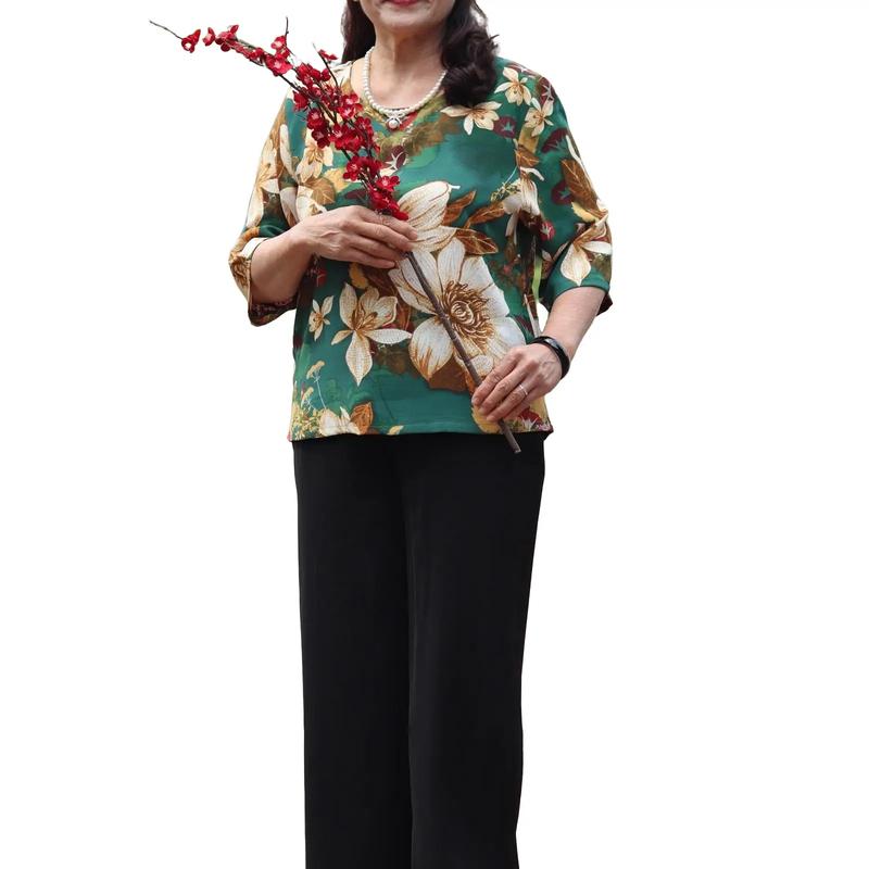 Đồ bộ trung niên đồ bộ mặc nhà Loudra shop jolle B5 Đồ bộ cho mẹ bà quần dài áo cộc chất lụa MANGO mềm mịn thoáng mát thấm hút mồ hôi Top Polo Có Cổ