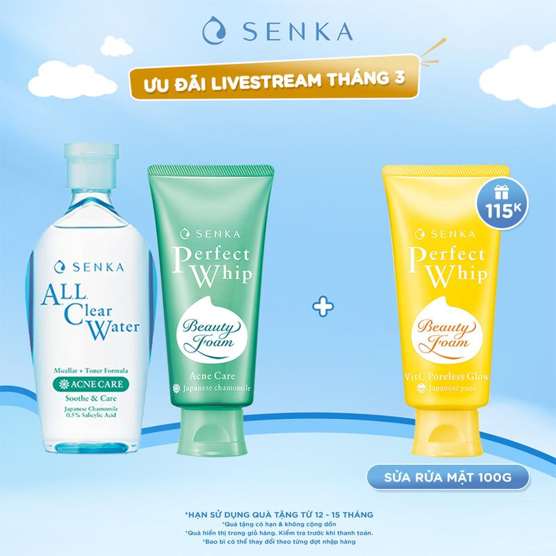 []Bộ đôi Nước tẩy trang micellar dành cho da mụn SENKA A.L.L CLEAR WATER+TONER FORMULA ACNE CARE 230ML & Sữa rửa mặt sạ̣ch mụn kháng khuẩn SENKA PERFECT WHIP ACNE CARE 100G