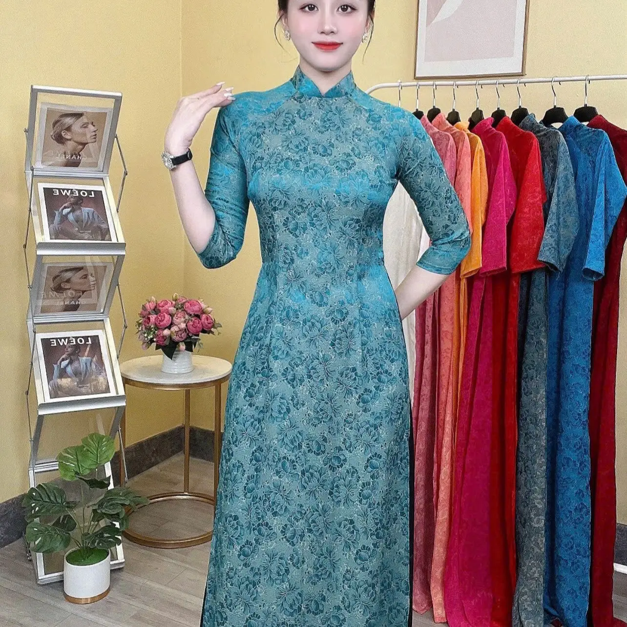 Lẻ  áo dài gấm sen đá kim cương đủ size S-3xl