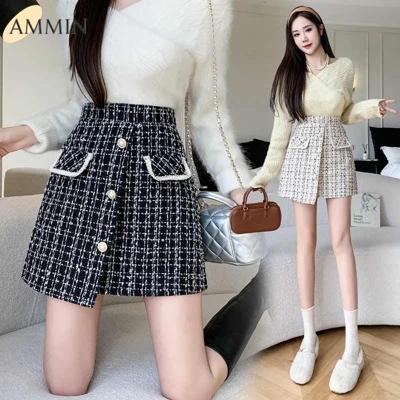 Ammin 2024 Spring/Summer High Waist Fashion Retro Debutante Style Plaid Tweed Commuter Business Ol Short Skirt Women's Korean Style Button Embellishment A- line Exposure-Proof Skirt