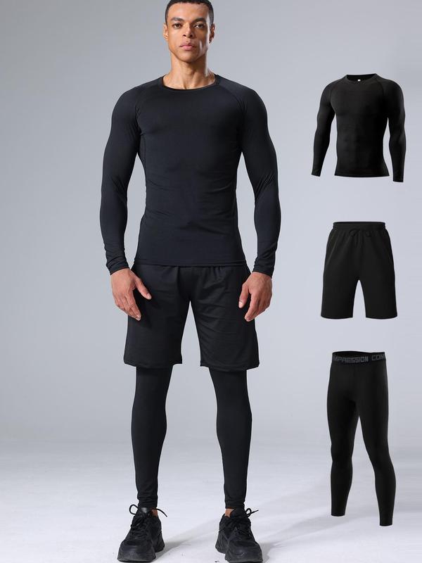 Men's Tracksuit Set, Long Sleeve T-shirt & Letter Tape Leggings & Drawstring Pocket Sports Shorts, Summer Sports Outfits Set for Men Golf 4