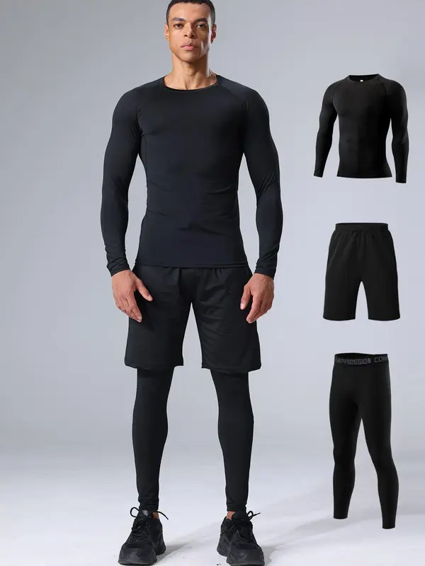 Men's Tracksuit Set, Long Sleeve T-shirt & Letter Tape Leggings & Drawstring Pocket Sports Shorts, Summer Sports Outfits Set for Men Golf 4