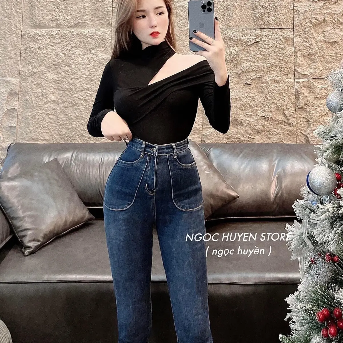 Quần jean Ôm túi nắp đáy siêu cao Co giãn còn lai dài 95cm  Women-ITAMI.jean