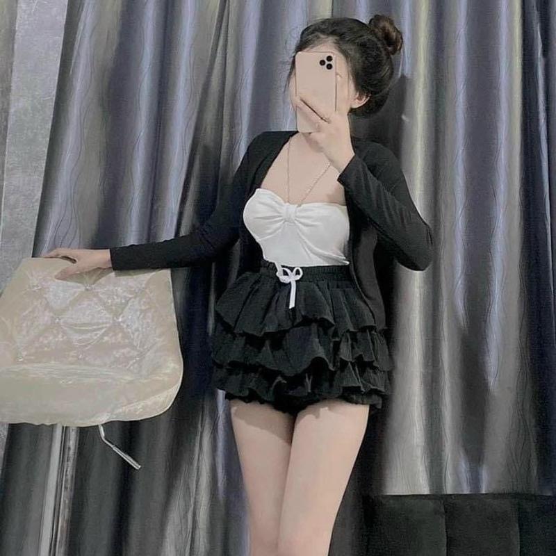 SET QUẦN VÁY TẦNG ,BA MÓN ,ÁO CỔ XÍCH  KÈM ÁO KHOÁC GÂN TĂM