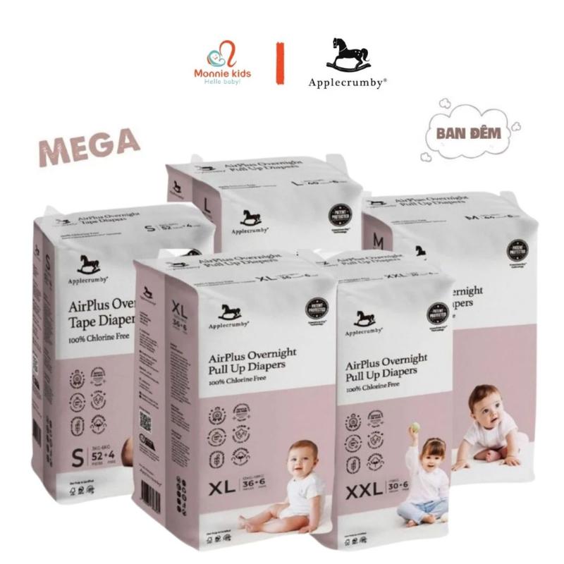 (Đêm-mega) Bỉm đêm cho bé Applecrumby AirPlus Overnight Mega đủ size, tã bỉm quần dán - Monnie Kids
