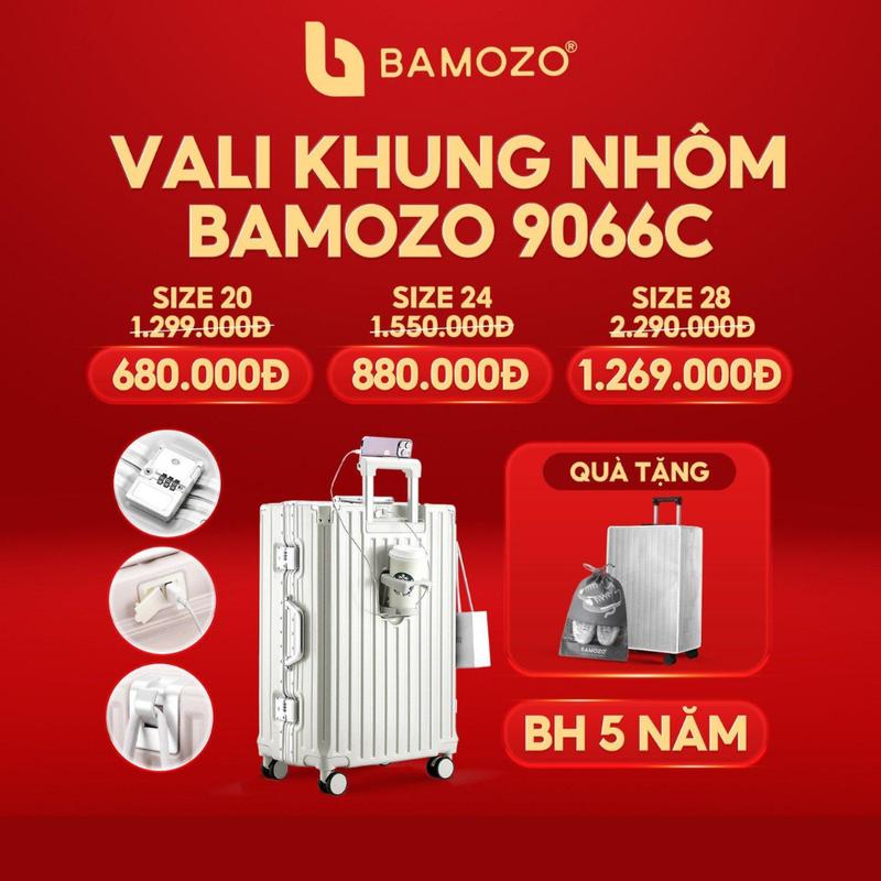 BAMOZO X QUANG LINH Vali Bamozo khung nhôm 9066 Bản Cao Cấp PC nguyên khối size 20 24 28 - Tặng bọc vali + túi đựng giày