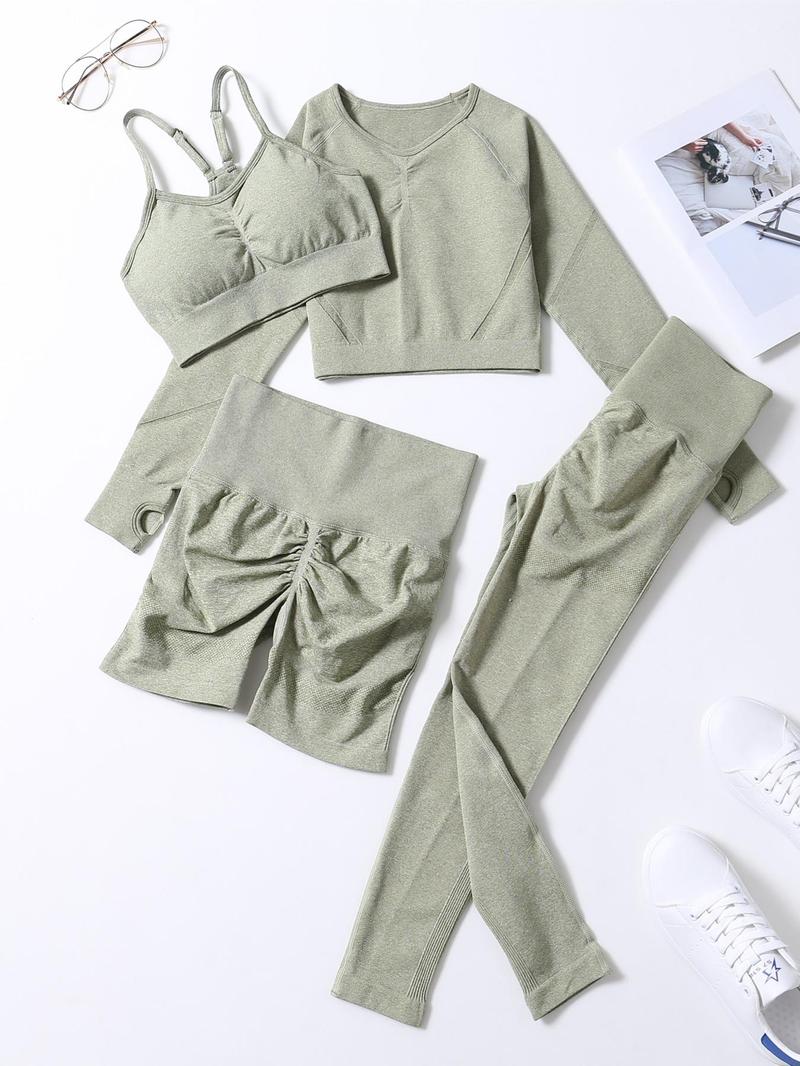 Product Introduction of Women's Solid Sports Bra & High Waist Leggings & Raglan Sleeve Crop Tee & Shorts Tracksuit Set, Sporty Breathable Adjustable Strap Sports Bra & High Stretch Yoga Leggings & Top & Shorts, Ladies Sportswear for Indoor Outdoor Wear, Gym Sets for Women 1