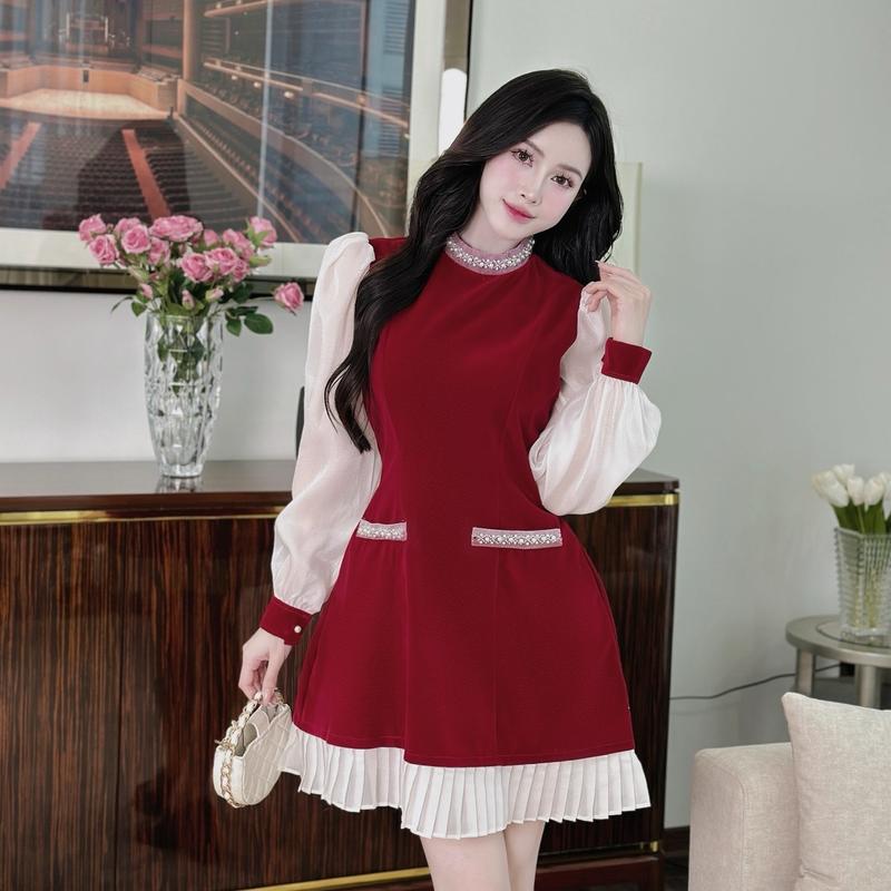 Váy nữ Váy Thiết Kế Đính Đá Đầm Viền Cổ Tà Váy Phối Ren Bèo Trắng Tiểu Thư Màu Đen Sang Chảnh Thời Trang Keelin Women Dress