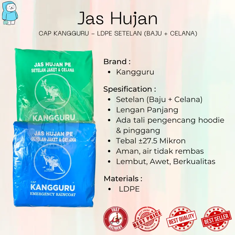 [1Lusin = 12Pcs] Jas Hujan LDPE Setelan Baju + Celana Cap Kangguru | Mantol | Mantel | Raincoat | Rain Cover | Bambu | Joji | Merah Putih | Rajawali | Hugo | Rainwalk | 99 | HCS 1