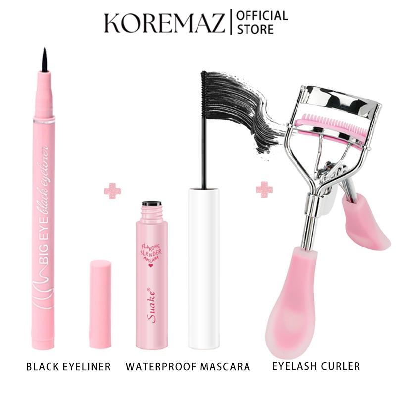  Bộ Trang Điểm Mắt 3 Cái 2 Trong 1 Mascara Không Thấm Nước Và Dụng Cụ Uốn Mi Bút Kẻ Mắt Màu Đen Kèm Lược KOREMAZ 
