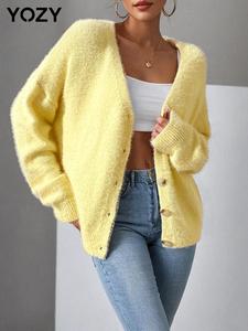 YOZY Button Front Drop Shoulder Cardigan / Solid Color Casual Long Sleeve V Neck Cardigan, 2024 Women's Daily Wear for Fall & Winter