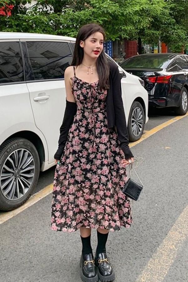 Product Introduction of 2025 plus Size Women's Clothing Fashion Two-Piece Suit Women's Summer Fat Sister Black Knitted Cardigan Strap Floral Dress Suit 1