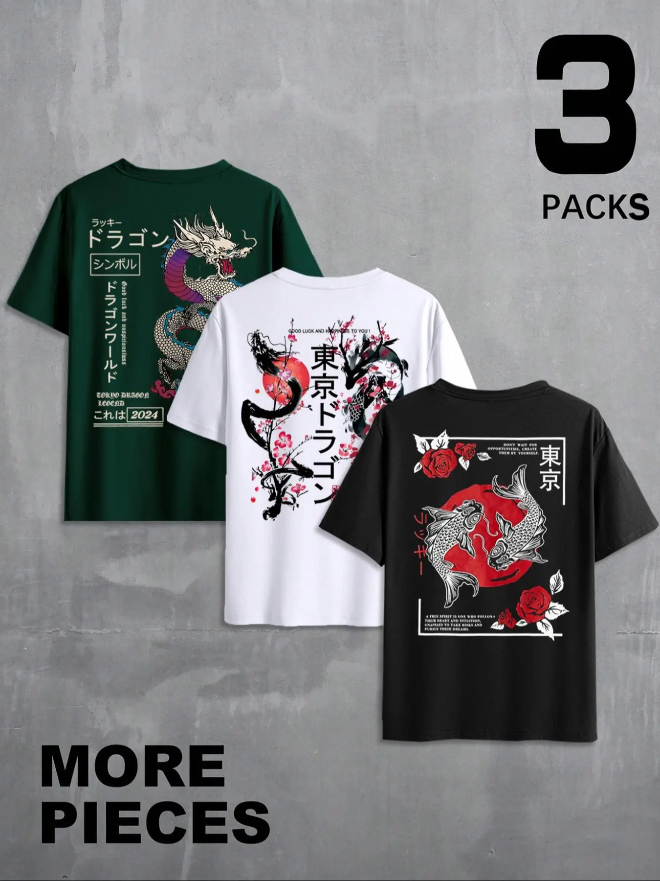 Men's Dragon & Rose & Koi Print Short Sleeve Graphic Tee, Regular Fit Casual Round Neck T-shirt for Summer, Men's Top for Daily Wear