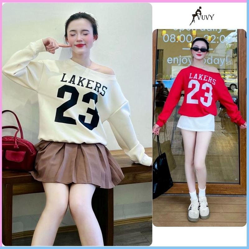 Áo sweater lệch vai, Áo trễ vai nữ vải nỉ hình in sắc nét form rộng Women Top Cổ Tròn Tre AT75 Hoodie Kem