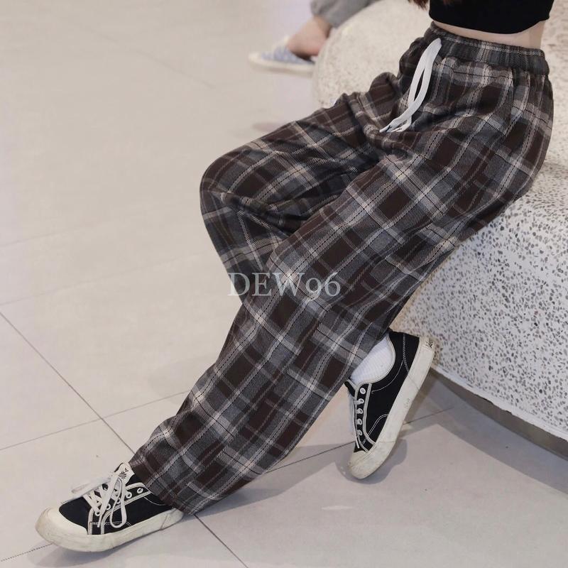 Quần ống suông nữ kẻ caro chất vải umi flannel co giãn quần suông nữ cạp chun dây rút có túi trước