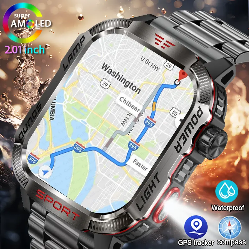 Đồng hồ thông minh GPS quân sự mới cho Huawei Xiaomi, có đèn pin, la bàn, chống nước, theo dõi thể thao ngoài trời, gọi Bluetooth.