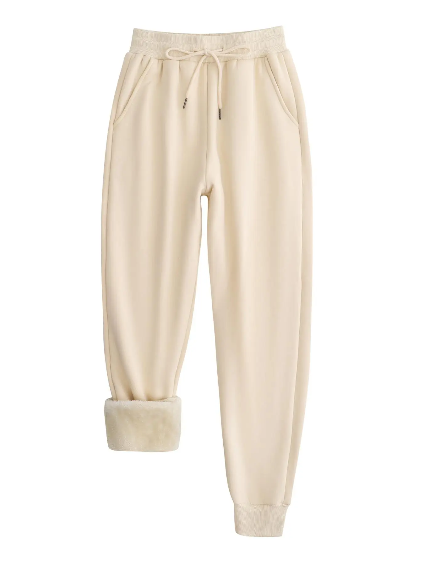 Women's Plain Drawstring Waist Pocket Sweatpants, Sporty  Casual Soft Comfy Thermal Lined Jogger Pants for Fall & Winter, Women's Trousers for Daily Wear