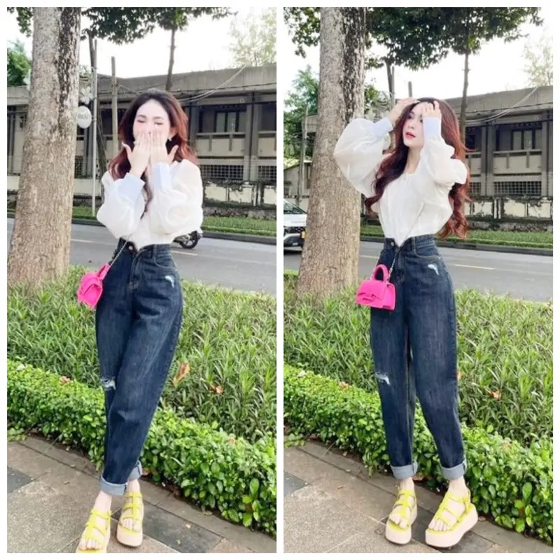 Quần Baggy Jeans Túi Thêu Màu Xanh Đậm Cạp Cao Trên Rốn, Form Rộng Thoái Mái, Women Nữ Kem Pants 0