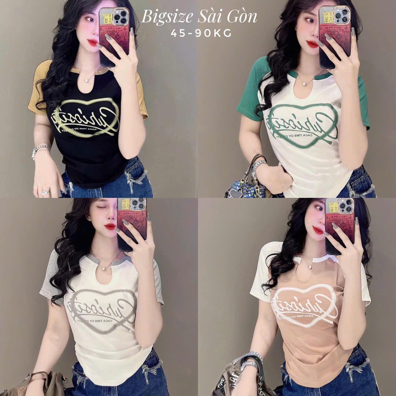 Áo Thun Cổ Tròn In Hình Phối Cổ Chữ U Vải Thun Tăm Có Bigsize 45- 90 Kg Dễ Thương Nữ Women Top - B.1514