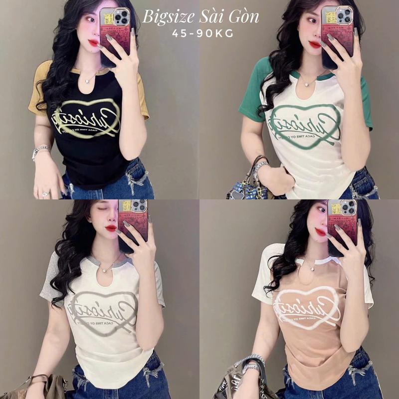 Áo Thun Cổ Tròn In Hình Phối Cổ Chữ U Vải Thun Tăm Có Bigsize 45- 90 Kg Dễ Thương Nữ Women Top - B.1514