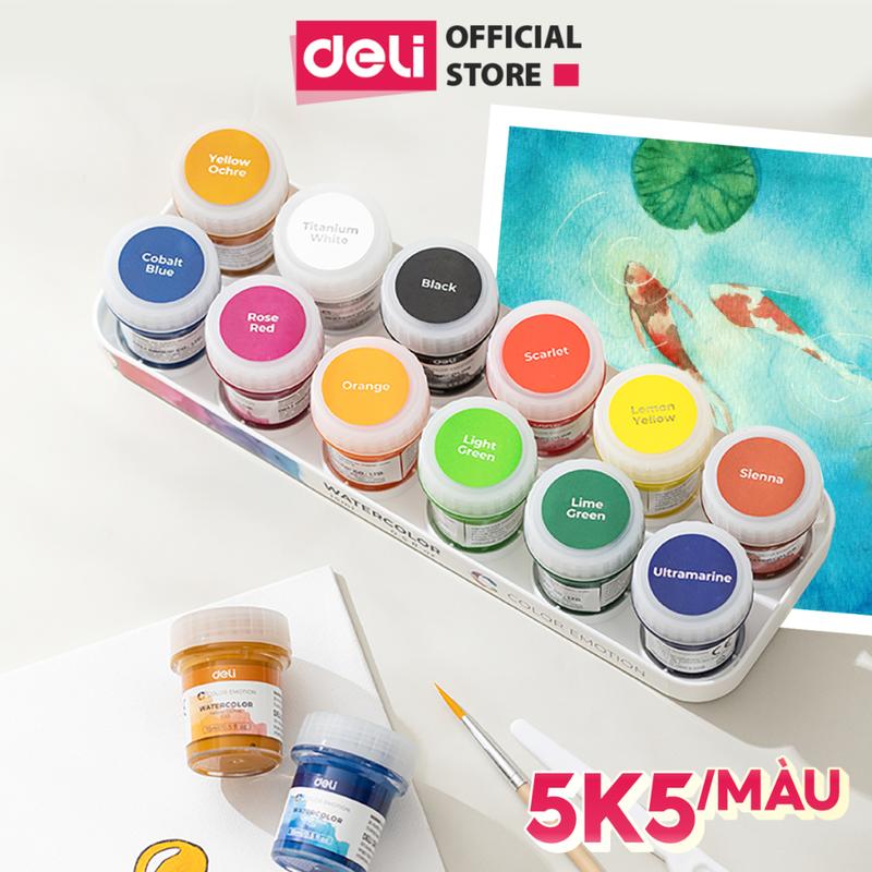 Bộ màu nước water color chính hãng Deli - Dạng hũ 15ml TẶNG 1 cọ vẽ - Màu sắc tươi sáng, lên màu trong chuẩn, không bị bột - tô màu vẽ tranh custom