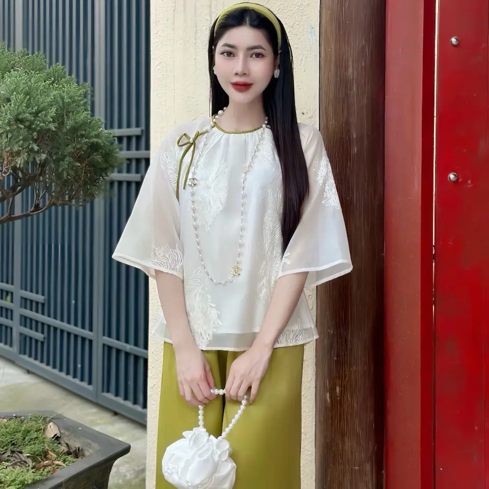Bộ pháp phục đi lễ tơ quỳnh dáng chữ A đính kết nơ cổ tết