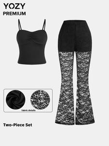 YOZY Two-Piece Set Women's Plain Ruched Cami Top & Floral Lace Flare Leg Pants, Elegant Fashion Casual Outfits for Daily Outdoor Wear, Ladies Clothes for All Seasons