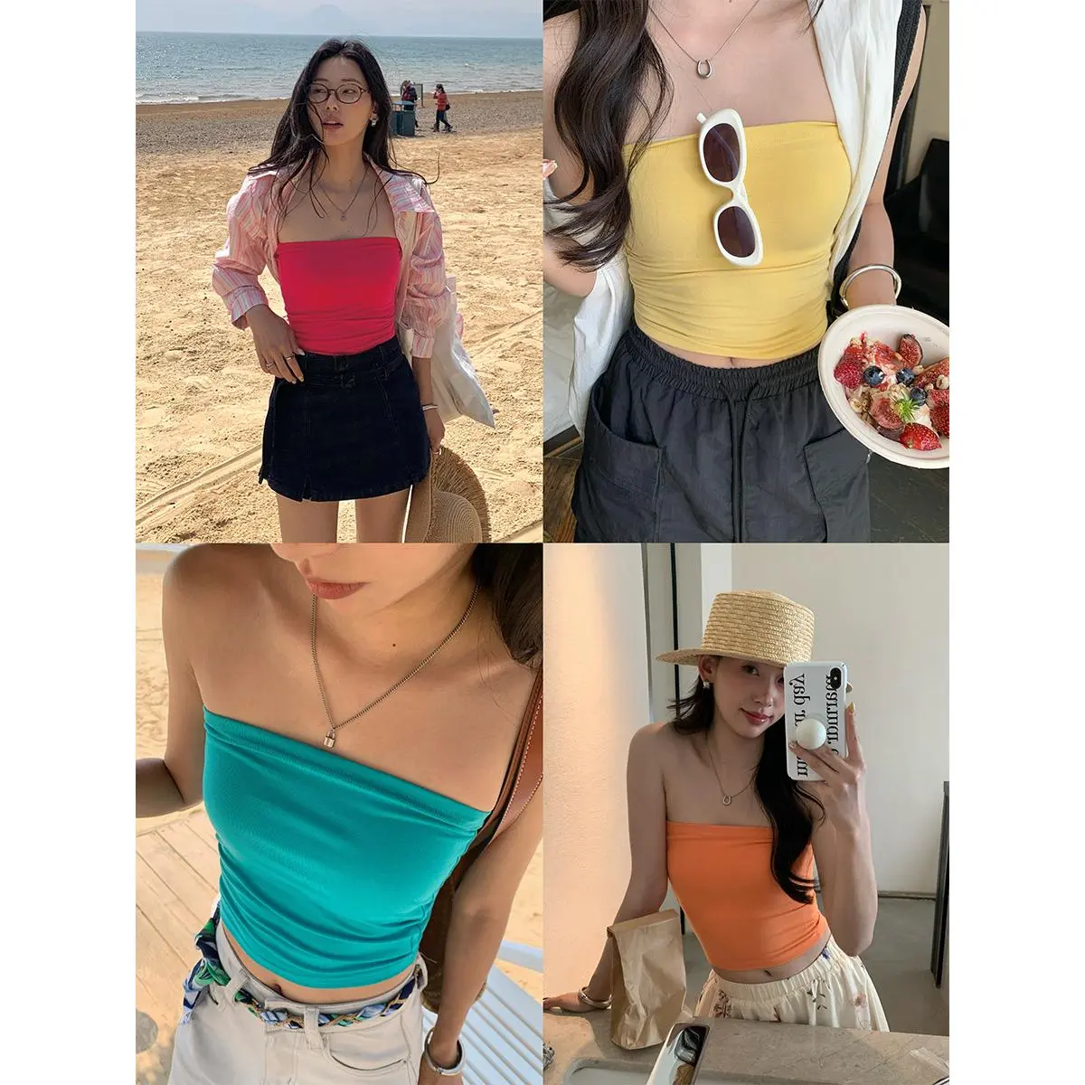 Huang Zheng Simple Sleeveless Short Tube Top for Women 2025 Summer Style Personality Fashion Dopamine Color Eye-catching 520271