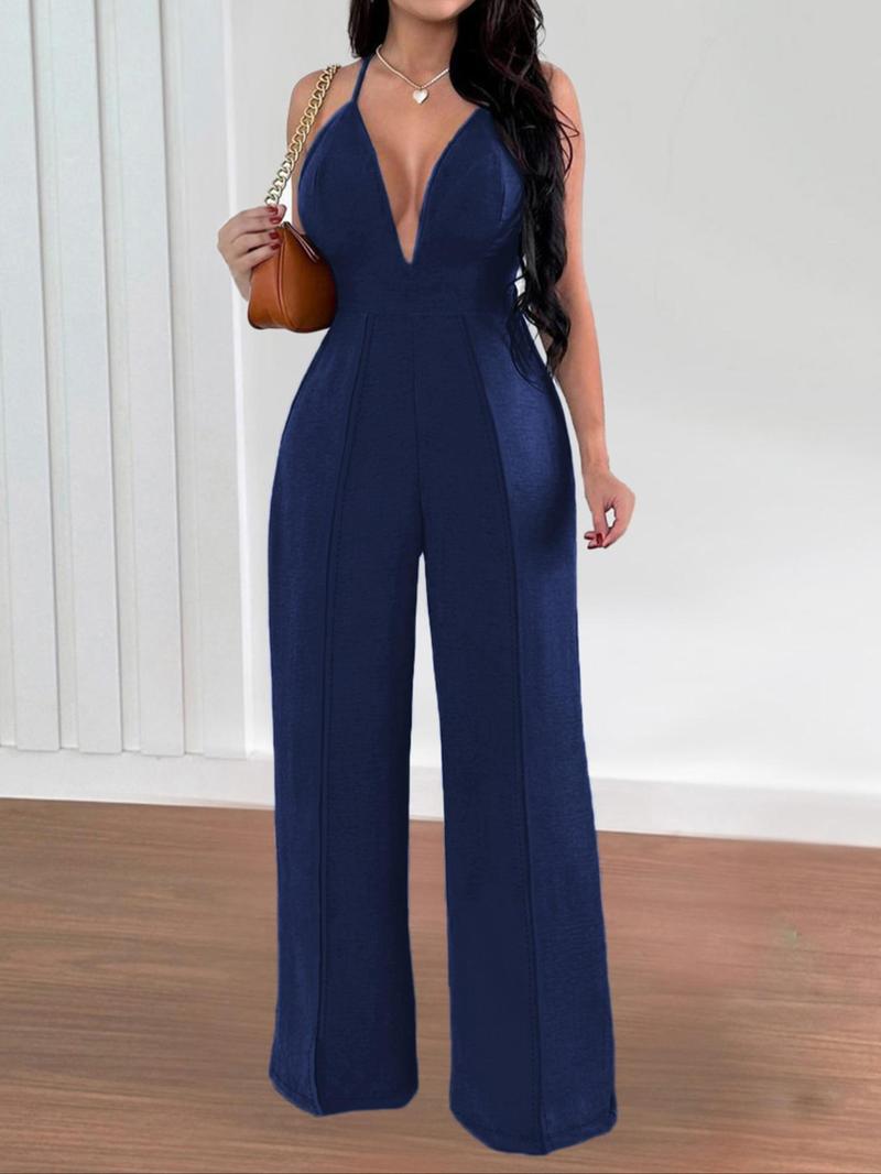 Product Introduction of Women's Solid Color Backless Jumpsuit, Elegant Fashion Casual Wide Leg Jumpsuit for Daily Outdoor Wear, Ladies Clothes for All Seasons 1