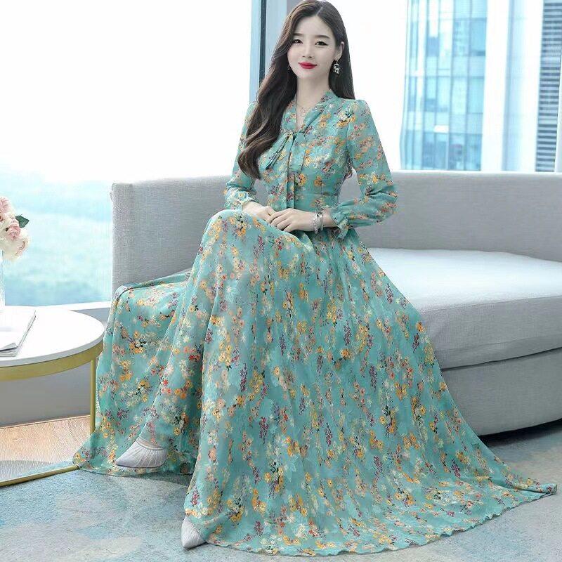 [Quần Áo Nữ] Váy Dài Voan Cổ Chữ V Cho Phụ Nữ Trung Niên, Mới 0